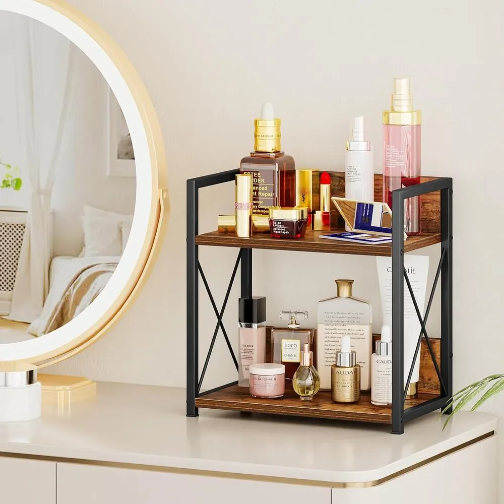 2 Tier Kitchen Organizer Rack Storage Shelf Countertop Coffee Bar Wood Metal
